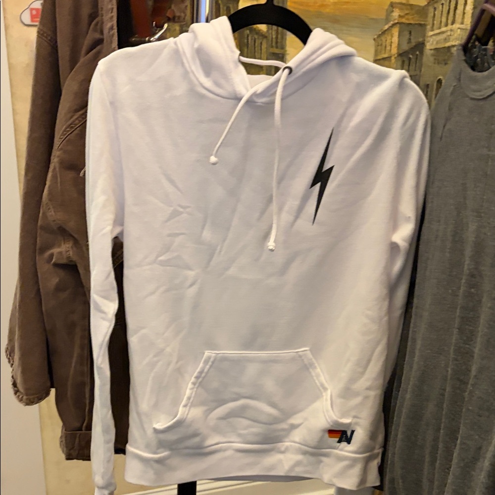 Aviator Nation White Hoodie with Black Lightning Graphic